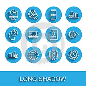 Set line Pie chart infographic and dollar, Globe of the Earth gear, Computer monitor with, Shield, Time Management