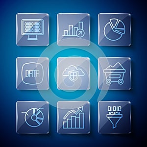 Set line Pie chart infographic, Financial growth, Binary code, Cloud and shield, Data analysis, and Coal mine trolley