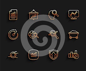 Set line Pie chart infographic, Financial growth, Document with, Search data analysis, Coal mine trolley and icon