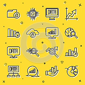 Set line Pie chart infographic, Financial growth, Search globe, Data analysis, Cloud computing lock, decrease, Folder