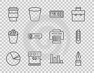 Set line Pie chart infographic, Fountain pen nib, Digital alarm clock, Coffee machine, cup to go, Movie, film, media