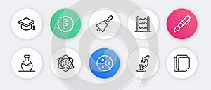 Set line Pie chart infographic, Fountain pen nib, Test tube, Microscope, Abacus, Ringing bell, File document and Atom