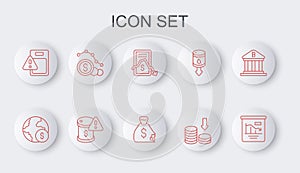 Set line Pie chart infographic, Global economic crisis, Mobile stock trading, Dollar rate decrease, Drop crude oil price