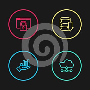 Set line Pie chart infographic, Network cloud connection, Server, Data, Web Hosting and Secure your site with HTTPS, SSL icon.