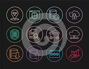 Set line Pie chart infographic, Network cloud connection, Server and gear, Document with search, shield, Location sales