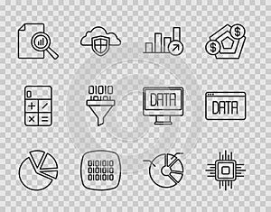 Set line Pie chart infographic, Processor CPU, Financial growth, Binary code, Document with, and Data analysis icon