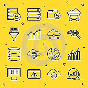 Set line Pie chart infographic, Search data analysis, Folder and lock, Binary code, Server security with padlock and