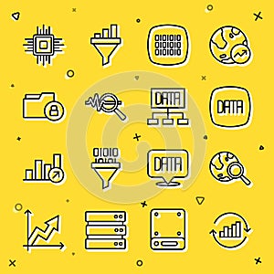 Set line Pie chart infographic, Search globe, Data analysis, Binary code, data, Folder and lock, Processor CPU and icon