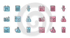 Set line Pie chart infographic, Shield and money bag, Calendar, Mobile stock trading, Failure stocks market, Money