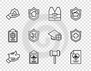 Set line Piggy bank, Health insurance, Life jacket, Hand holding fire, Plane with shield, Judge gavel and icon. Vector