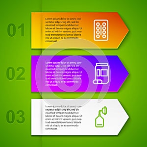 Set line Pills in blister pack, Medicine bottle and pills, Medical oxygen mask and Organ container. Business infographic