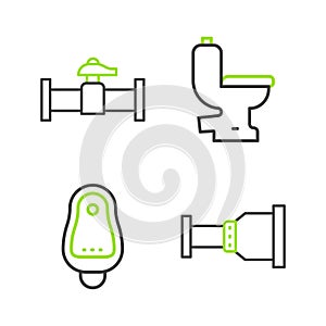 Set line Pipe adapter, Toilet urinal or pissoir, bowl and Industry pipe and valve icon. Vector