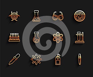 Set line Pipette, Bacteria, Biohazard symbol, Laboratory wash bottle, Tweezers, Test tube and flask chemical, on stand