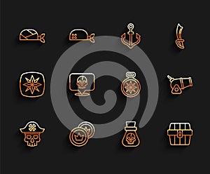 Set line Pirate captain, coin, bandana for head, Antique treasure chest, Skull, Cannon and Compass icon. Vector