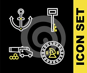 Set line Pirate key, coin, Cannon with cannonballs and Anchor icon. Vector
