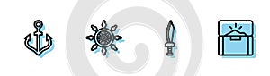 Set line Pirate sword, Anchor, Ship steering wheel and Antique treasure chest icon. Vector