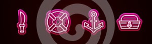 Set line Pirate sword, Lifebuoy, Anchor and Sailor hat. Glowing neon icon. Vector