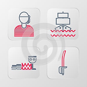 Set line Pirate sword, Treasure and riches, Ship and Sailor captain icon. Vector