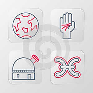 Set line Pisces zodiac, Astronomical observatory, Palmistry of the hand and Planet Earth icon. Vector