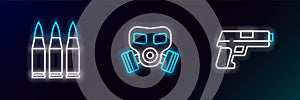 Set line Pistol or gun, Bullet and Gas mask icon. Glowing neon. Vector