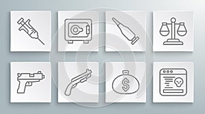 Set line Pistol or gun, Safe, Police shotgun, Money bag, System bug, Bullet, Scales of justice and Syringe icon. Vector