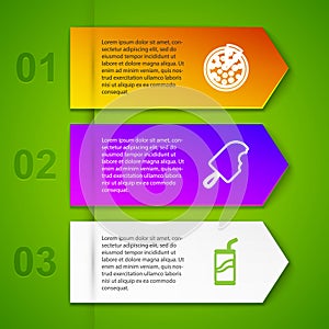 Set line Pizza, Ice cream, Soda can with drinking straw and Nachos. Business infographic template. Vector