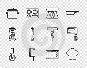Set line Pizza knife, Chef hat, Scales, Meat chopper, Cooking pot, Blender, Microwave oven and Electric mixer icon