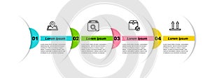 Set line Placeholder on map, Search package, Package box with check mark and This side up. Business infographic template
