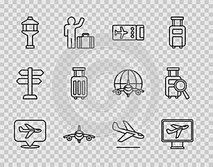 Set line Plane, Airline ticket, Airport control tower, Suitcase, landing and Lost baggage icon. Vector