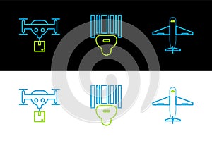 Set line Plane, Delivery drone with the package and Scanner scanning bar code icon. Vector