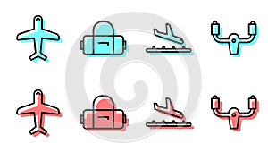 Set line Plane landing, Plane, Suitcase and Aircraft steering helm icon. Vector