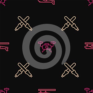 Set line Plane, Marshalling wands and Drone flying on seamless pattern. Vector