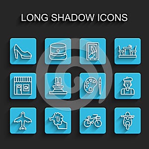 Set line Plane, Poodle dog, Woman shoe, Bicycle, Scooter, Fountain, French and Paint brush with palette icon. Vector