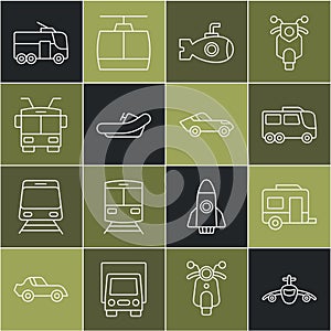 Set line Plane, Rv Camping trailer, Bus, Submarine, Rafting boat, Trolleybus, and Car icon. Vector