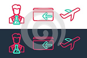 Set line Plane, Scientist and test tube and Cash back icon. Vector