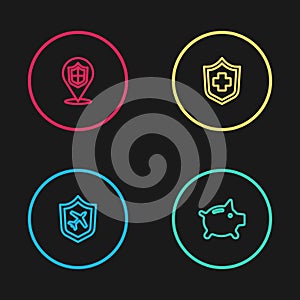 Set line Plane with shield, Piggy bank, Health insurance and Location icon. Vector