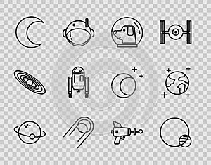 Set line Planet, Dog in astronaut helmet, Satellite, Moon and stars, Robot, Ray gun and Earth globe icon. Vector