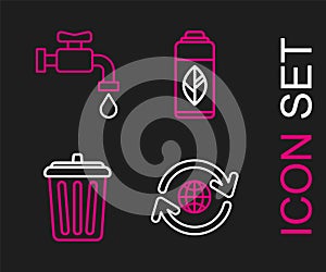 Set line Planet earth and a recycling, Trash can, Recycling plastic bottle and Water tap icon. Vector