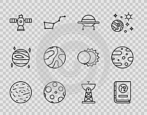 Set line Planet Mars, Book by astronomy, UFO flying spaceship, Moon, Satellite, Falling stars, dish and icon. Vector
