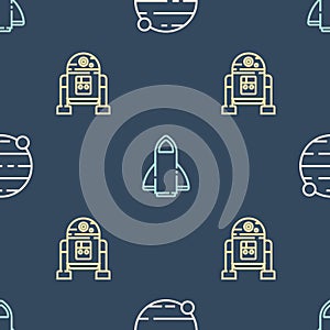 Set line Planet, Robot and Rocket ship on seamless pattern. Vector