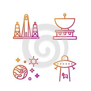 Set line Planet, Space and planet, Rocket launch from the spaceport and Planet Saturn. Gradient color icons. Vector