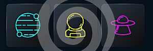 Set line Planet, UFO flying spaceship and Astronaut helmet. Black square button. Vector