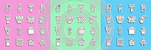 Set line Plant in hanging pot, Seeds bowl, Spraying plant, Garden rake, Cactus peyote and Butterfly icon. Vector