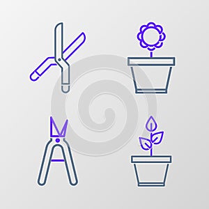 Set line Plant in pot, Gardening handmade scissors, Flower and icon. Vector