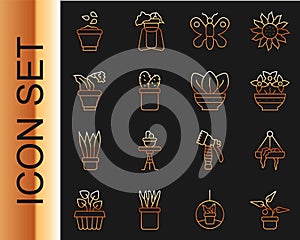 Set line Plant in pot, hanging, Flower vase, Butterfly, Cactus peyote, Seeds bowl and icon. Vector