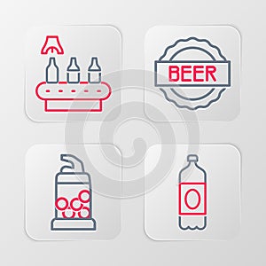 Set line Plastic beer bottle, Bottle opener, cap with and Conveyor band, icon. Vector