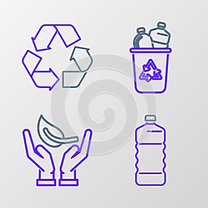 Set line Plastic bottle, Sprout in hand of environmental protection, Recycle bin with recycle symbol and icon. Vector