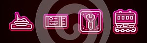 Set line Plate with food, Train ticket, Repair of railway and Passenger train cars. Glowing neon icon. Vector