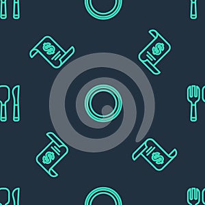 Set line Plate, Paper or financial check and Fork, spoon and knife on seamless pattern. Vector