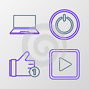 Set line Play in square, Hand like, Power button and Laptop icon. Vector